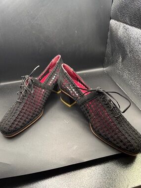 Vintage Charles Jordan Black Woven Leather Lace Up Made in Spain